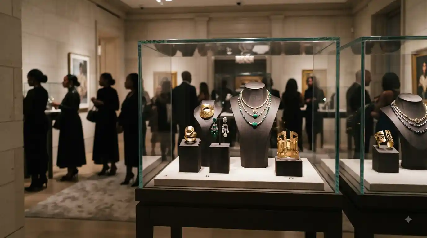 Contemporary jewelry pieces displayed in a New York exhibition celebrating Black jewelry designers