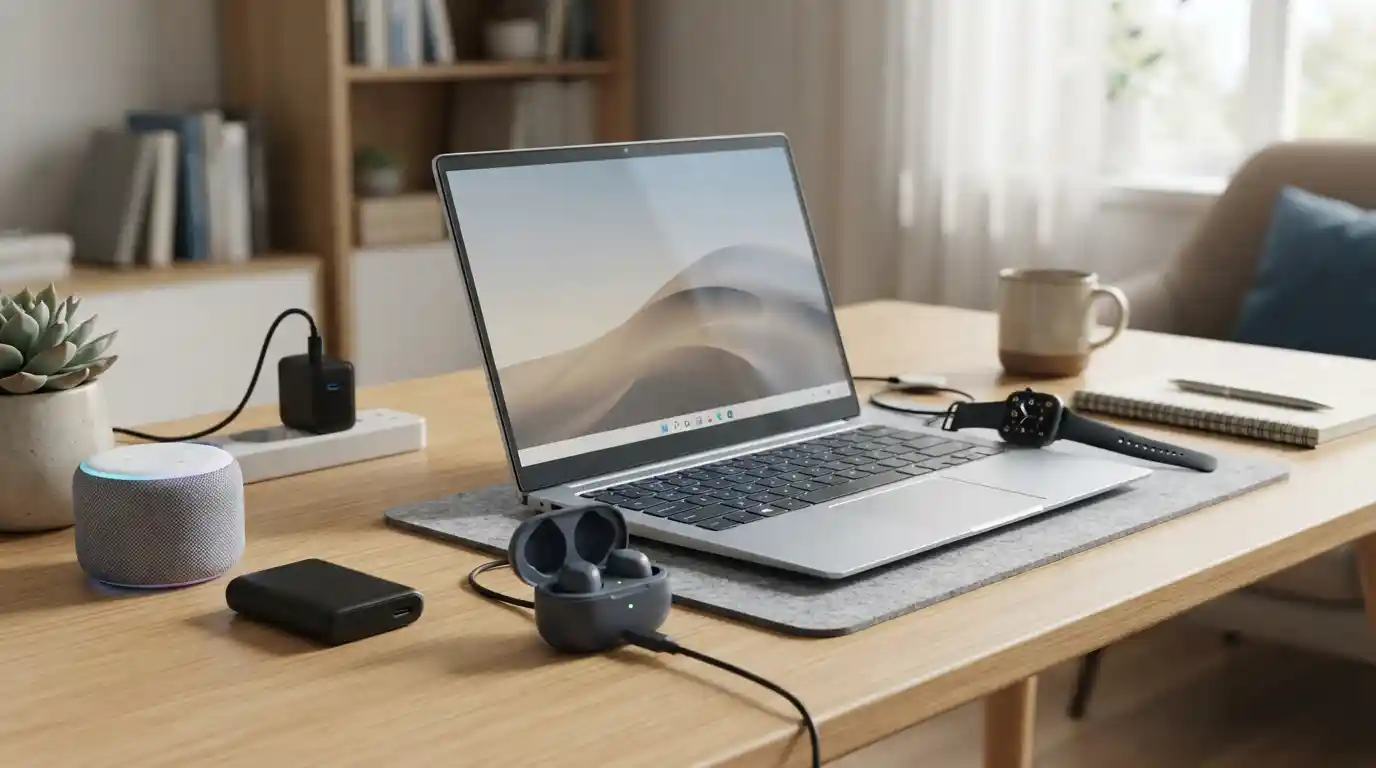Affordable gadgets including wireless earbuds, smartwatch, laptop, charger, and power bank arranged on a modern desk