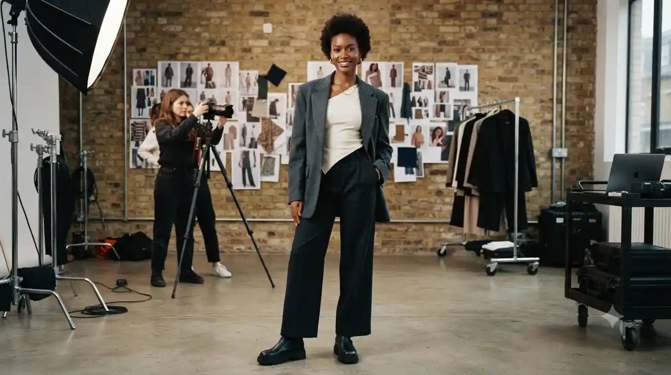 Fashion model expressing confidence and individuality during a creative studio photoshoot