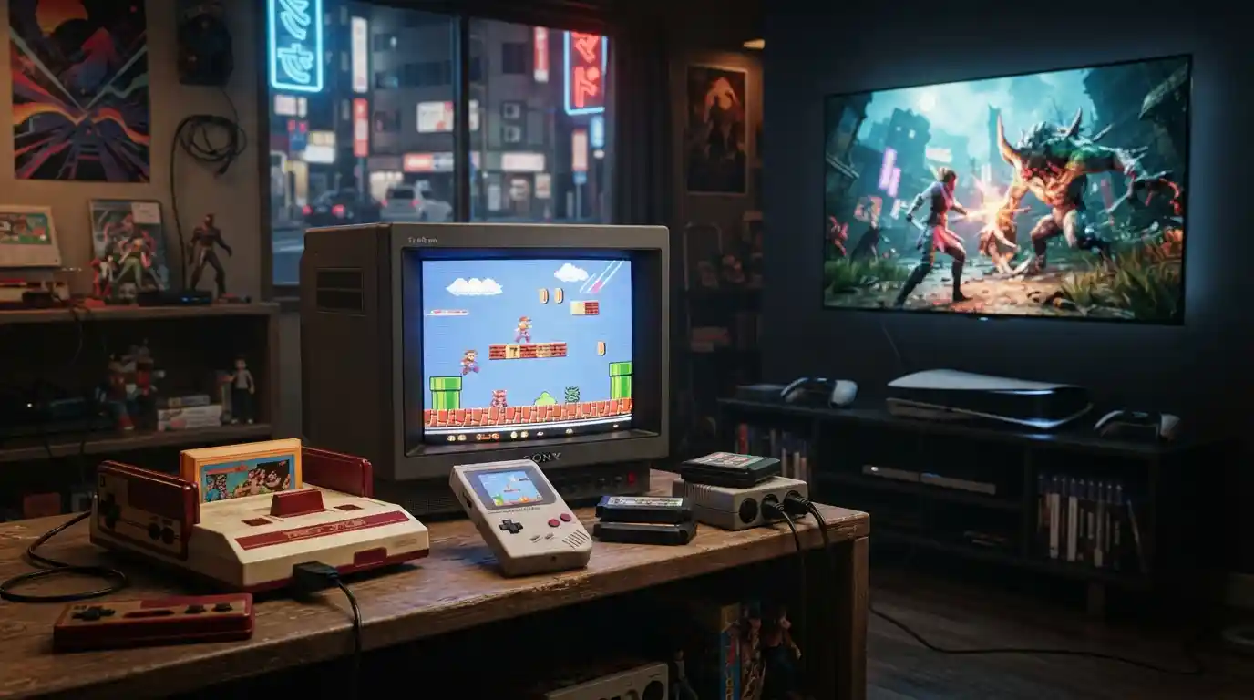 Japanese gaming consoles, arcade hardware, and a handheld system representing the evolution of video games
