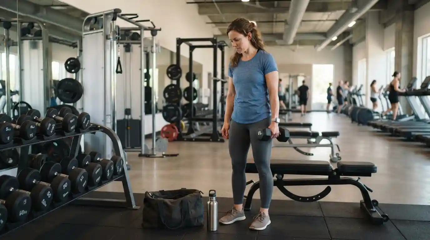 Person preparing for a manageable workout in a modern gym after taking a break from exercise
