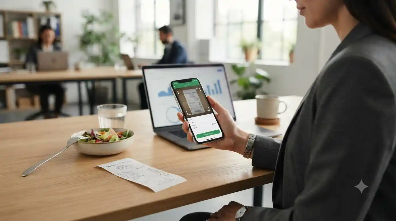 Employee using a smartphone to submit a workplace lunch expense beside a restaurant receipt
