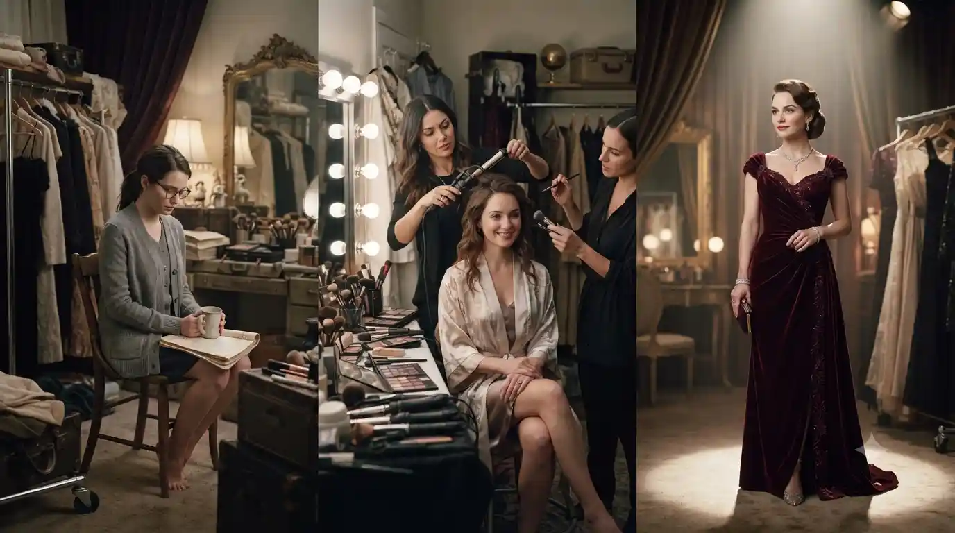 Cinematic fashion transformation showing a fictional character before, during, and after a movie makeover