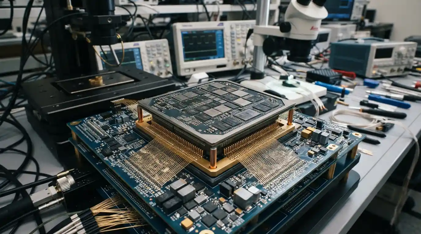 Advanced semiconductor chipset displayed in a modern electronics development laboratory