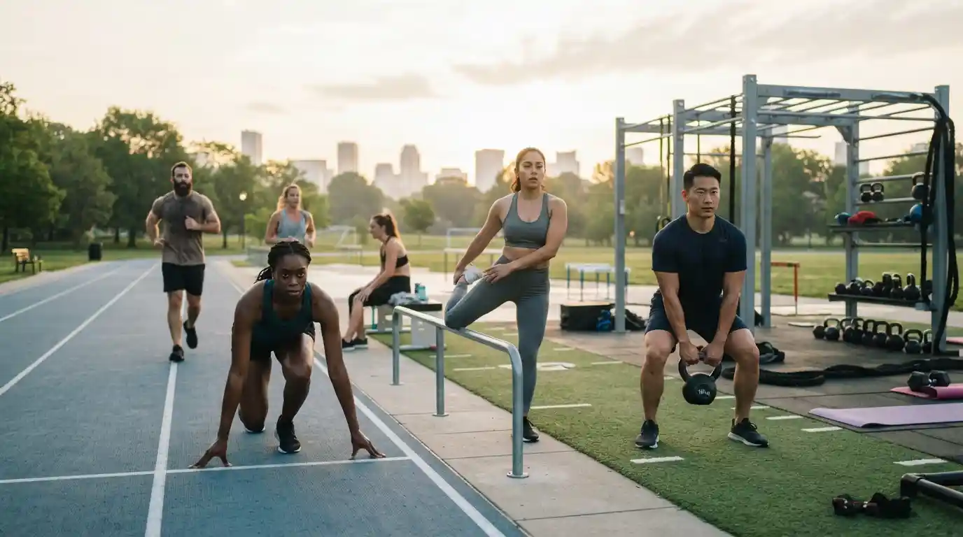 Athletes and fitness enthusiasts training together outdoors