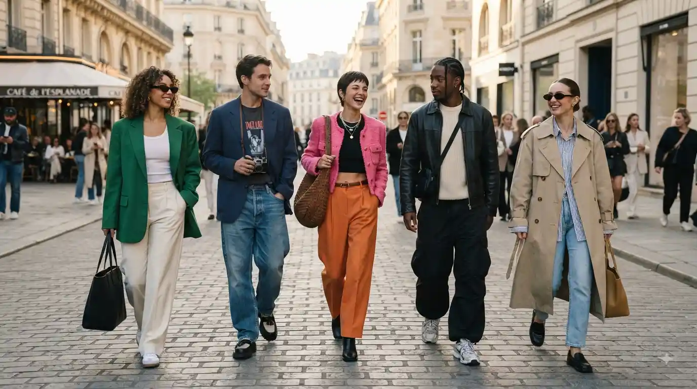 Fashionable adults wearing colorful spring outfits and oversized tailoring on a city street