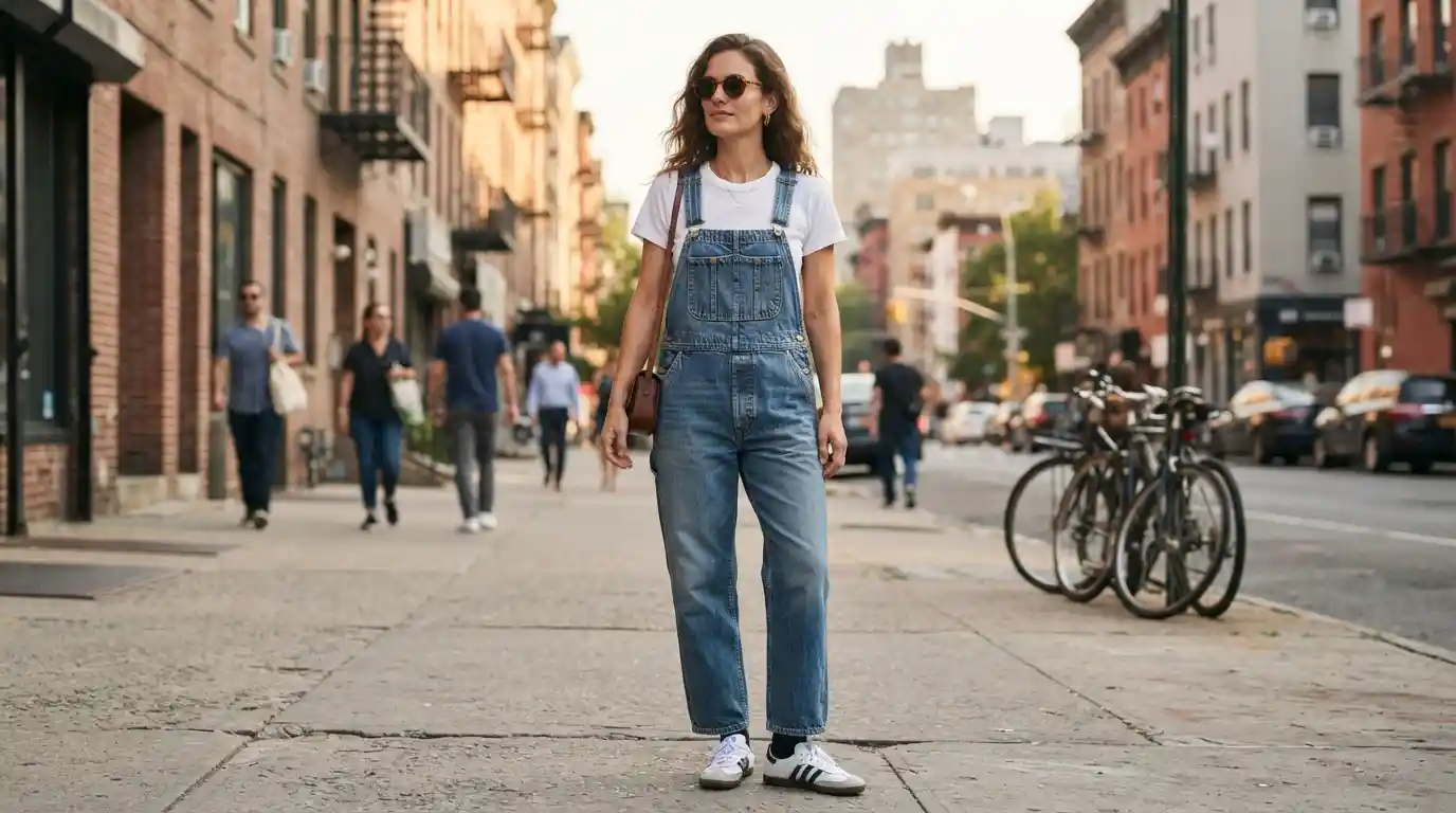 Adult model wearing relaxed vintage-inspired denim overalls with a white T-shirt and sneakers on an urban street.