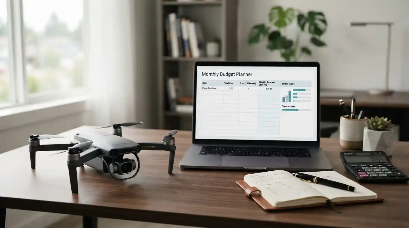Autel drone displayed beside a laptop and payment planning materials in a modern workspace