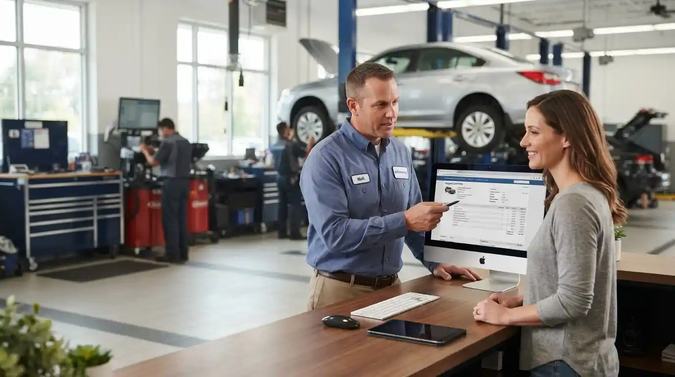 Service advisor discussing a vehicle repair estimate with a customer at an automotive service desk