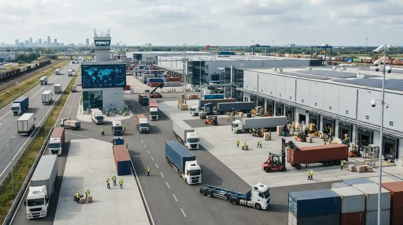Modern logistics operation with cargo containers, warehouse facilities, delivery trucks, and connected supply chain processes