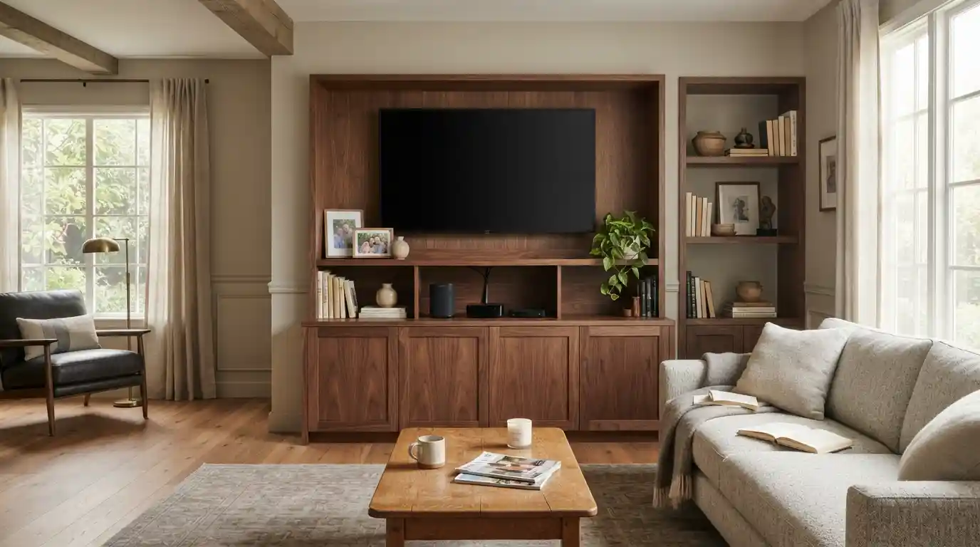 Modern living room with a wooden entertainment center, television, organized shelving, and comfortable seating