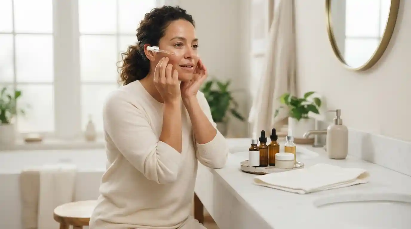 Woman following a simple skincare routine with cleanser, serum, and moisturizer at a modern beauty vanity