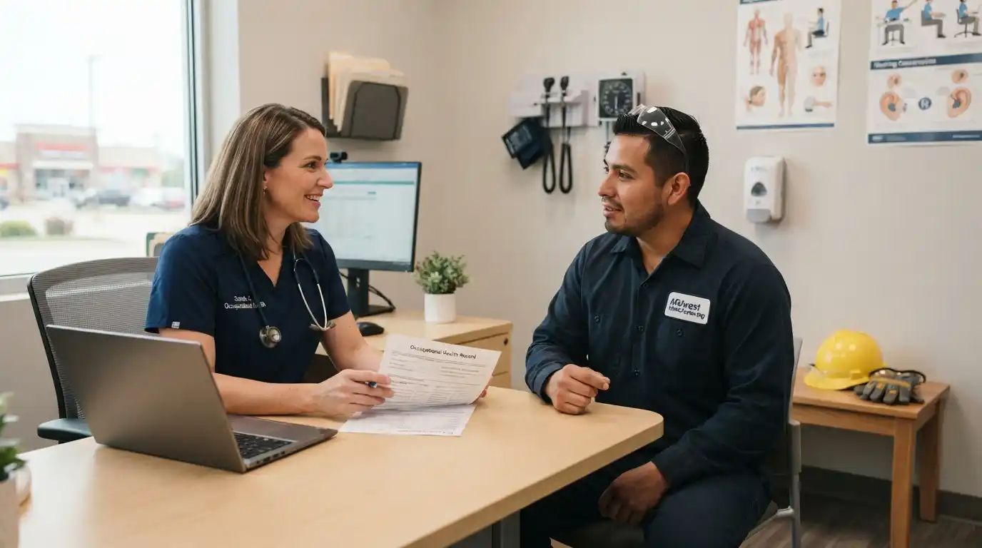 Healthcare professional consulting with an employee during a workplace health assessment