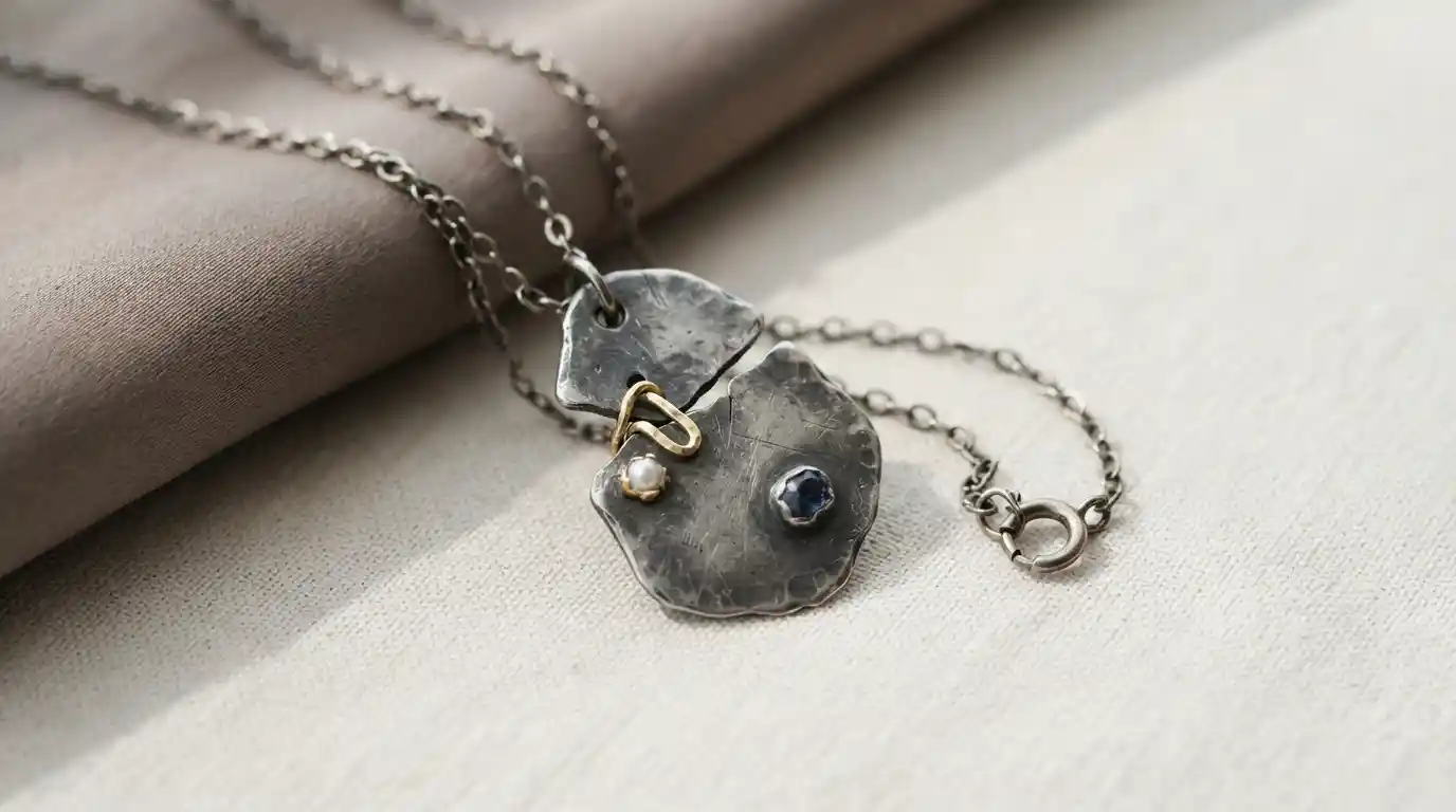 An asymmetrical necklace with a distressed pendant displayed on neutral fabric