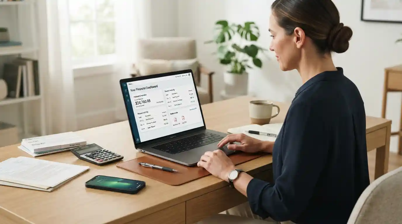 User managing a consumer finance account through a secure online portal on a laptop