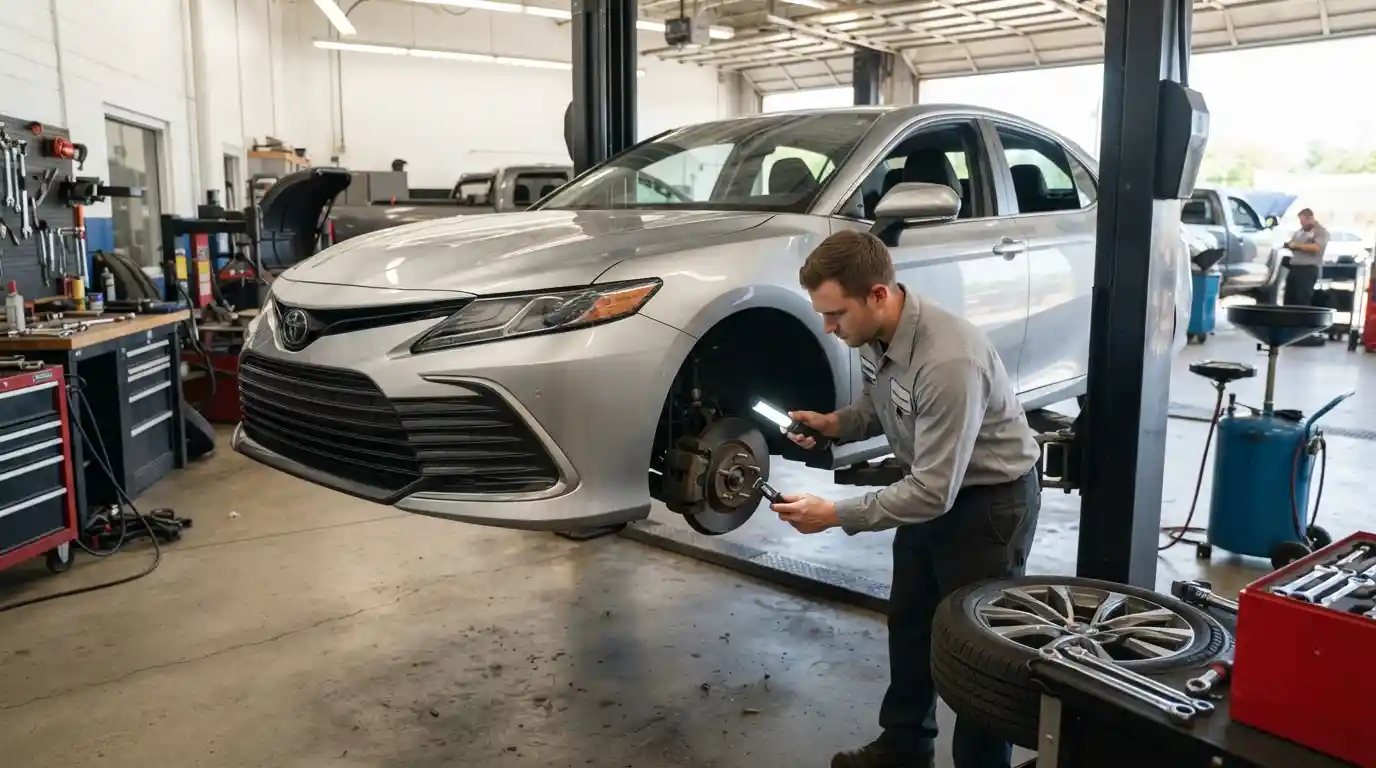 Mechanic inspecting a vehicle in a professional auto service bay