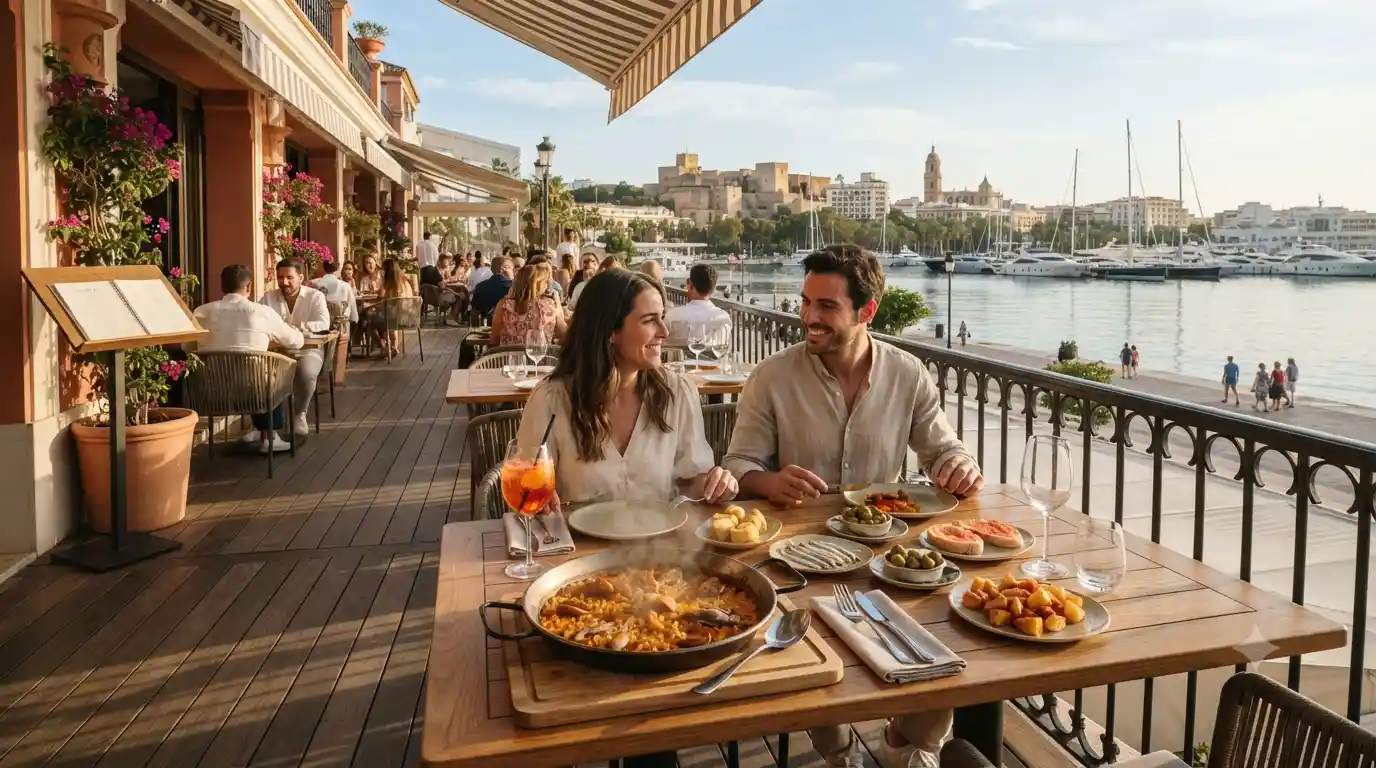 Waterfront dining terrace at Cambara Restaurante Muelle Uno in Málaga with paella and cocktails