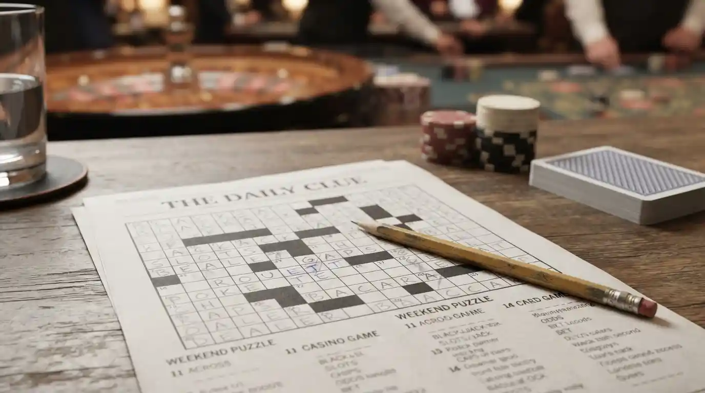 Crossword puzzle with casino-themed cards and chips representing a casino game clue-solving guide