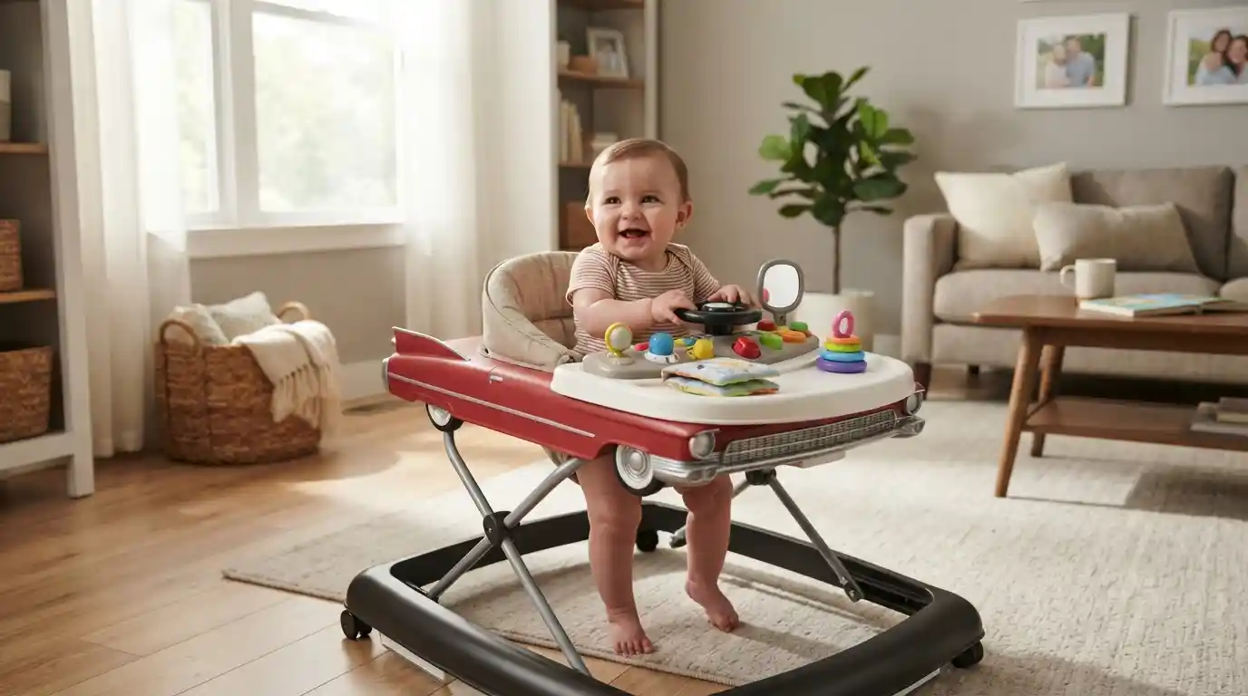 Classic car-inspired baby activity center with an interactive dashboard in a bright family living room.