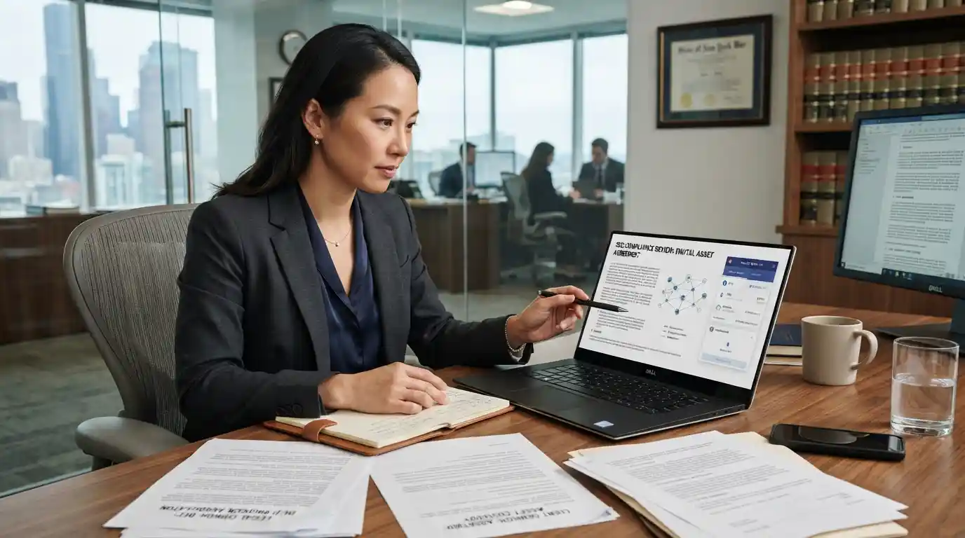 Attorney reviewing digital asset legal documents beside blockchain technology on a laptop