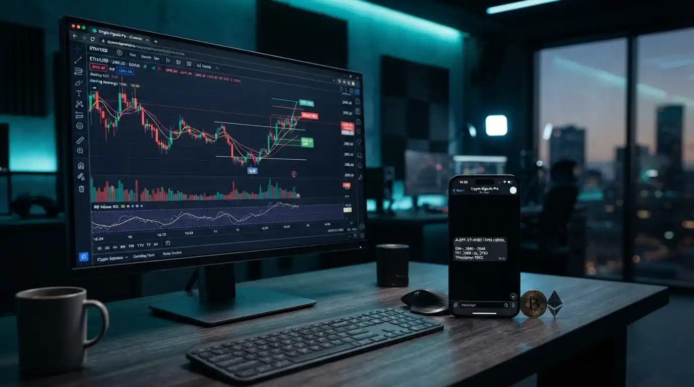 Smartphone displaying a crypto trading alert beside a cryptocurrency price chart on a desktop monitor