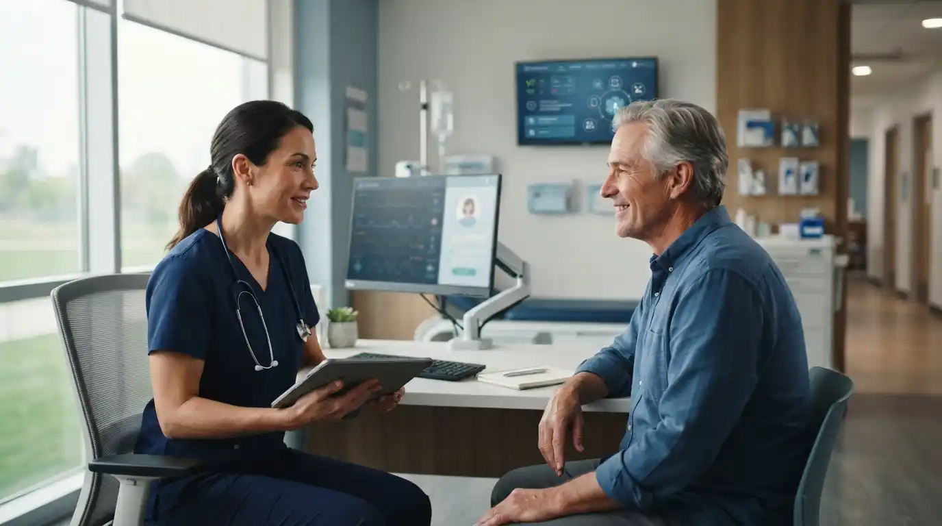 Healthcare professional providing patient-centered care with digital medical technology in a modern clinic