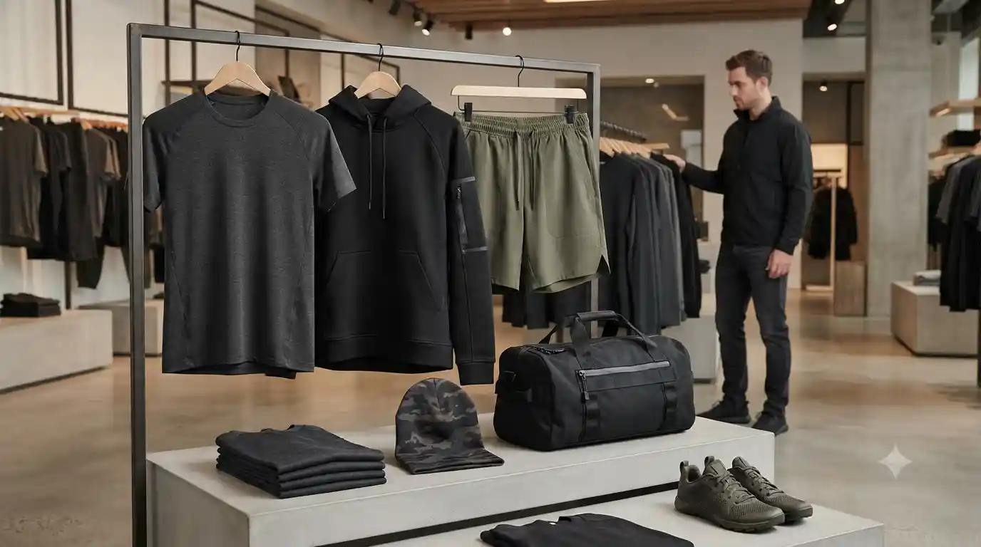 Athletic streetwear and military-inspired apparel displayed in a modern retail setting