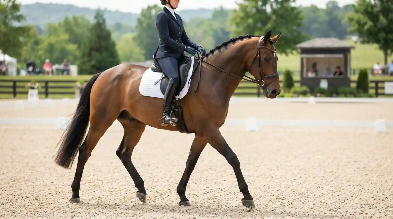 Dressage horse wearing a fitted snaffle bridle during arena training
