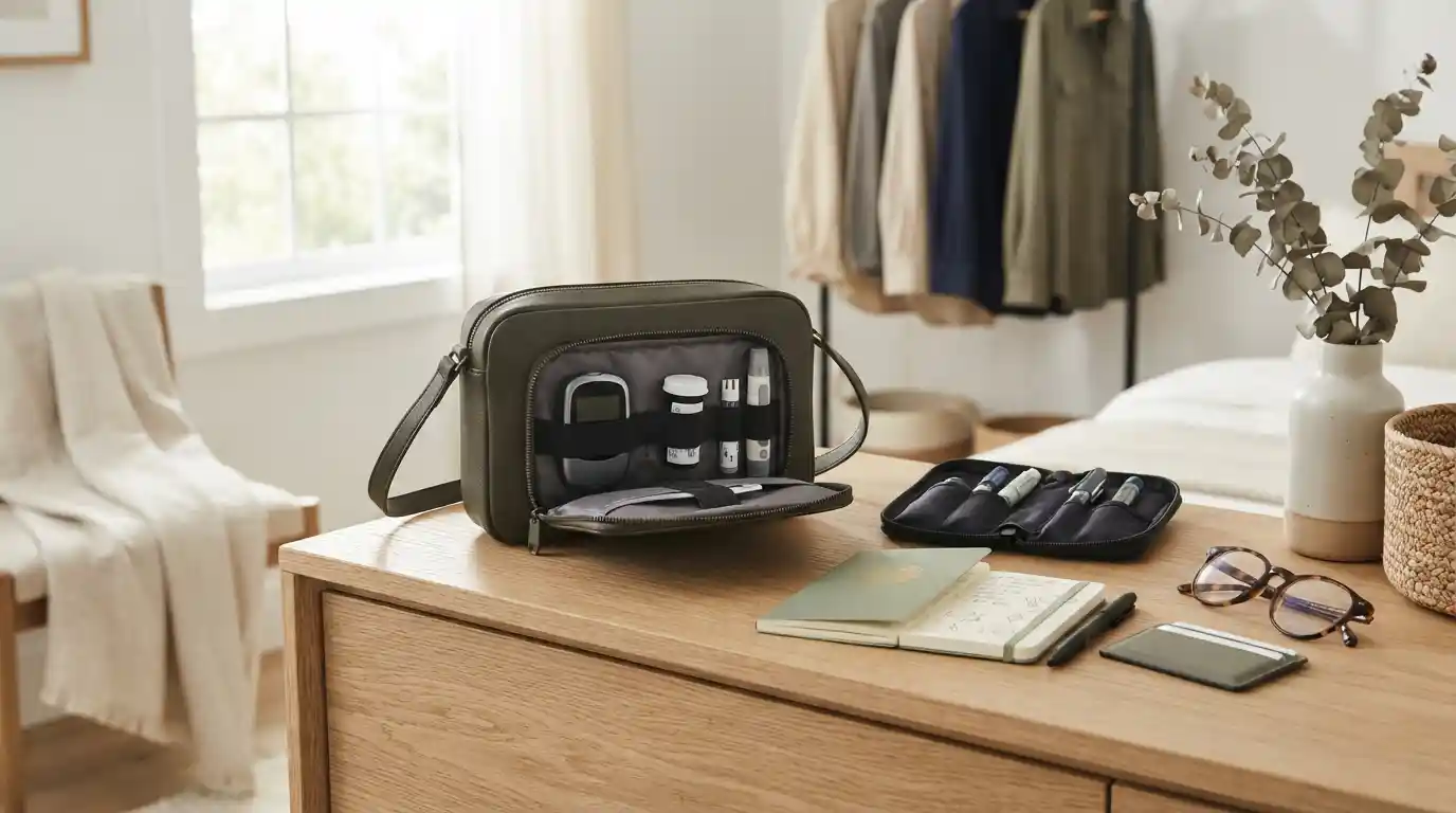 Stylish diabetic supply bag with organized health accessories in a modern lifestyle setting