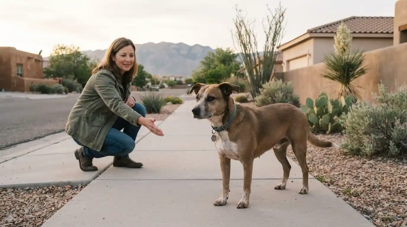 Lost dog being safely approached in an Albuquerque residential neighborhood