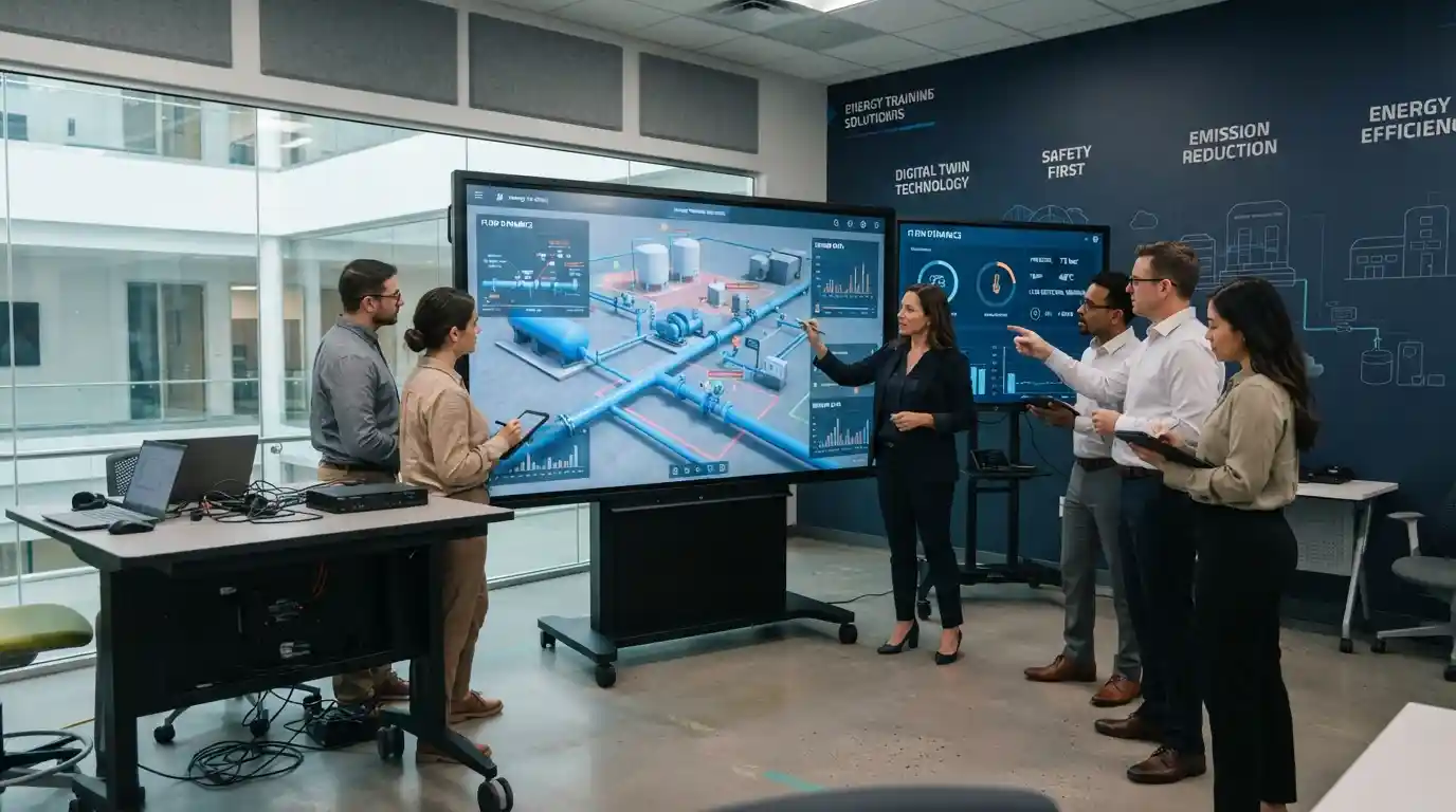 Professionals studying a digital gas infrastructure simulation in a modern energy training environment