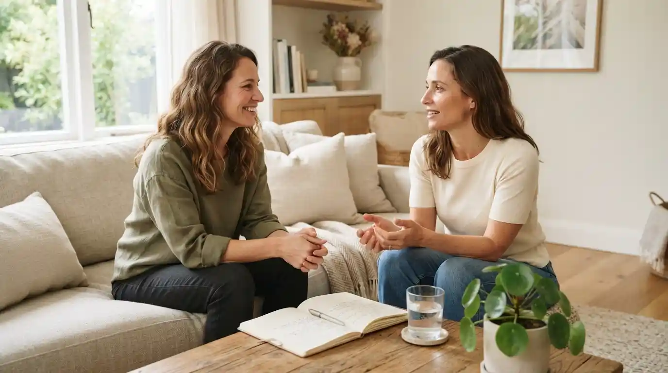 Two adults having a supportive wellness conversation in a bright, comfortable home setting