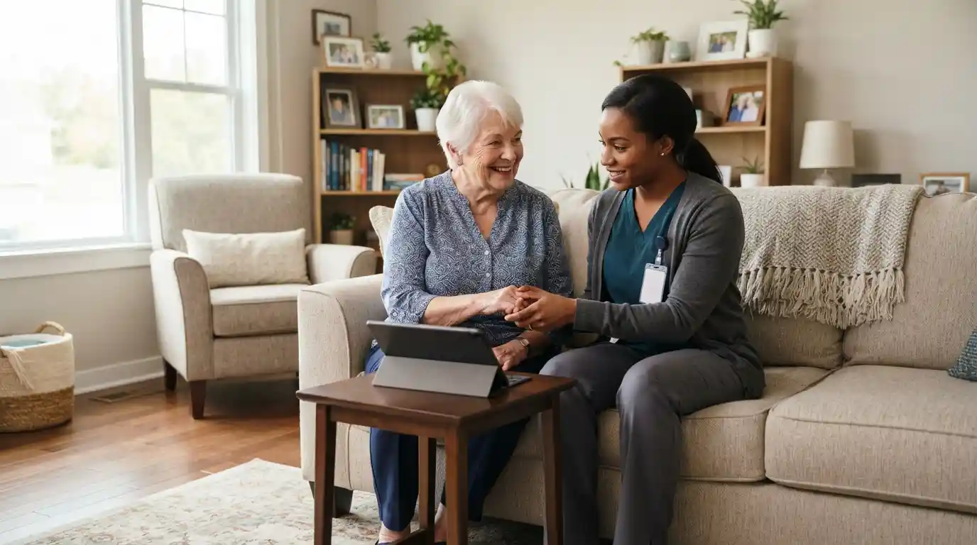 A professional caregiver assisting an adult resident in a comfortable home setting