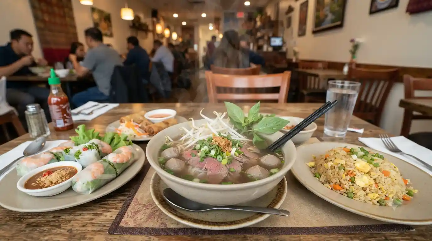 Cambodian pho with spring rolls and fried rice representing the Hong Meas Restaurant menu