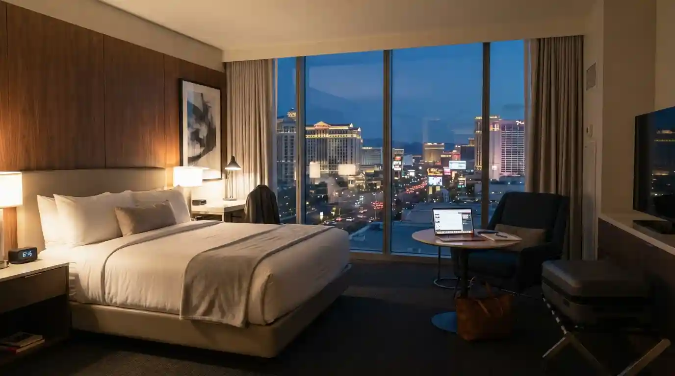 Modern Las Vegas hotel room with a work desk and Strip skyline visible through the window