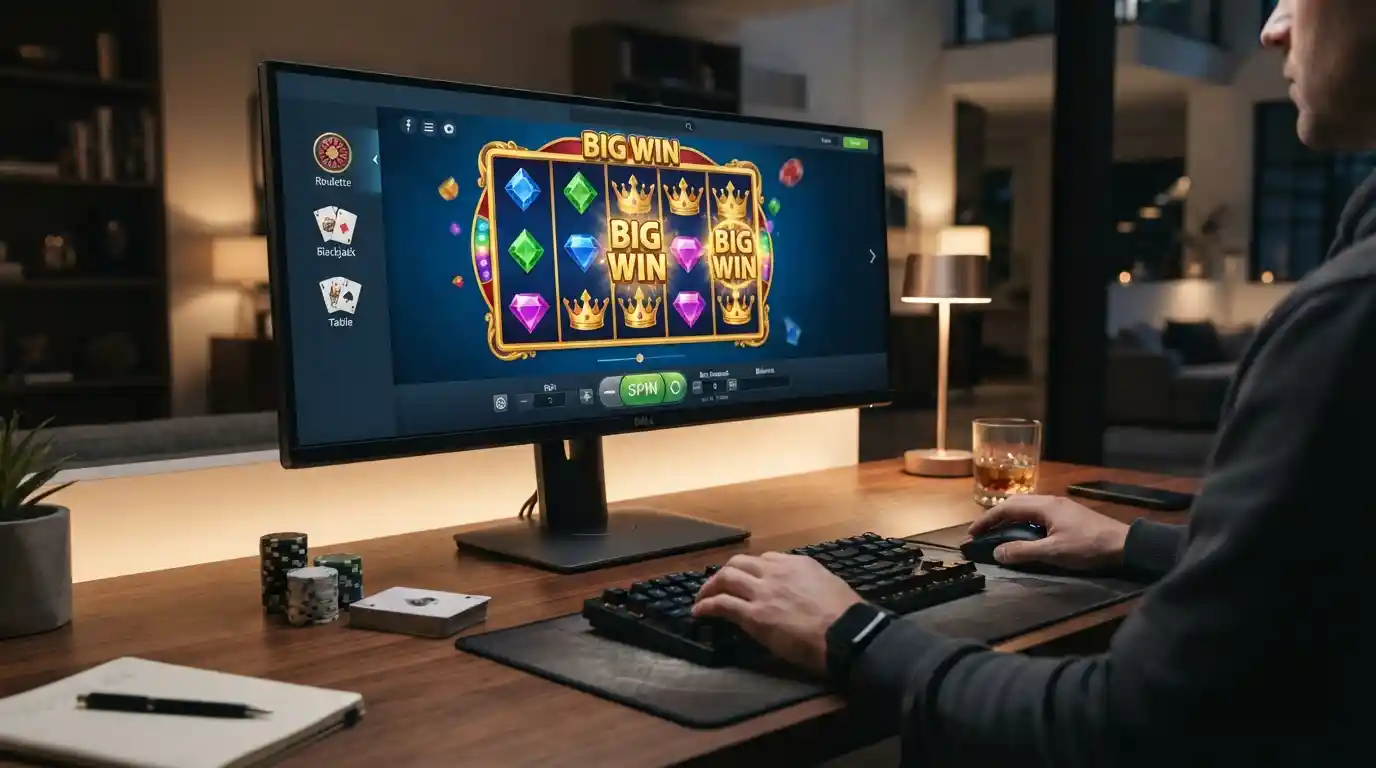 Modern online casino interface with slot games and table-game elements on a desktop setup