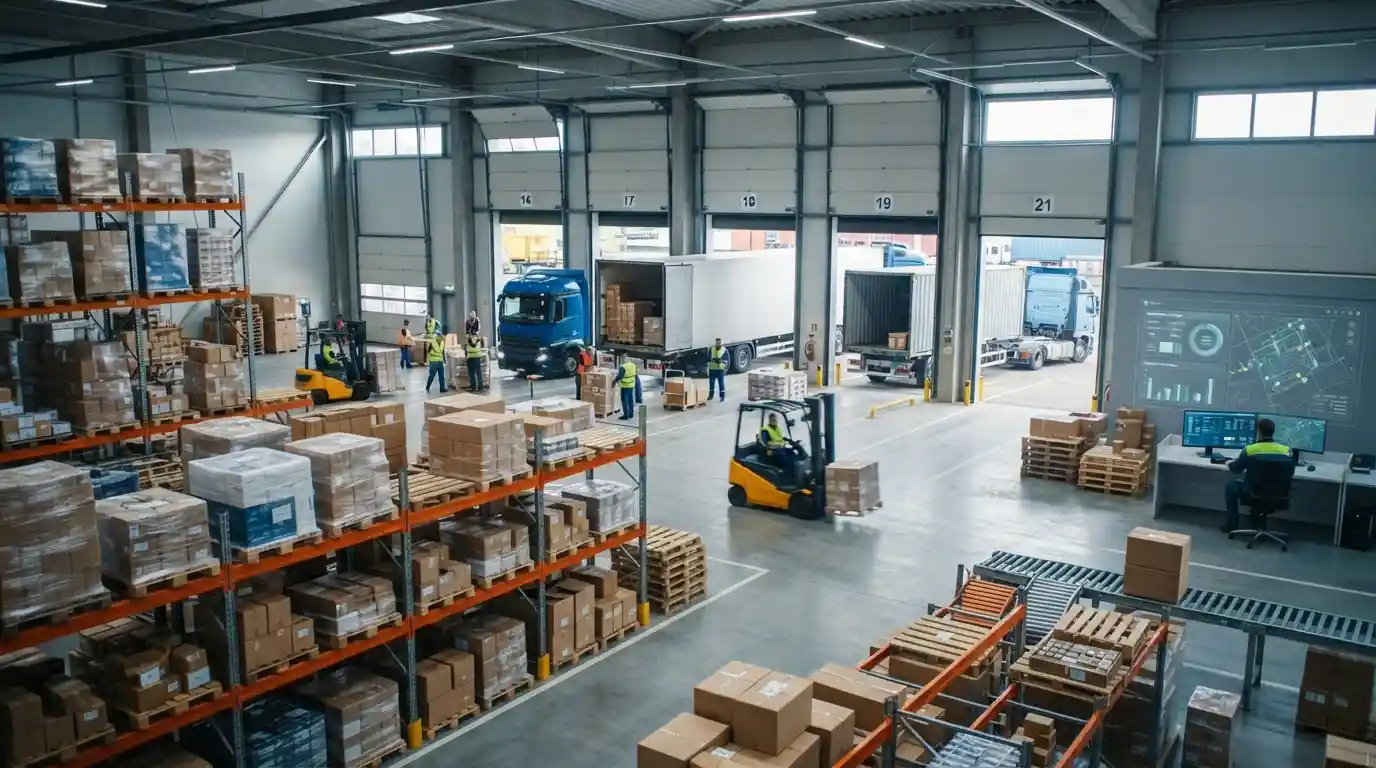 Modern warehouse with freight trucks representing integrated logistics and supply chain services