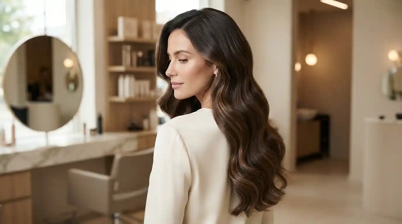 Woman with long, naturally blended hair extensions styled in soft waves