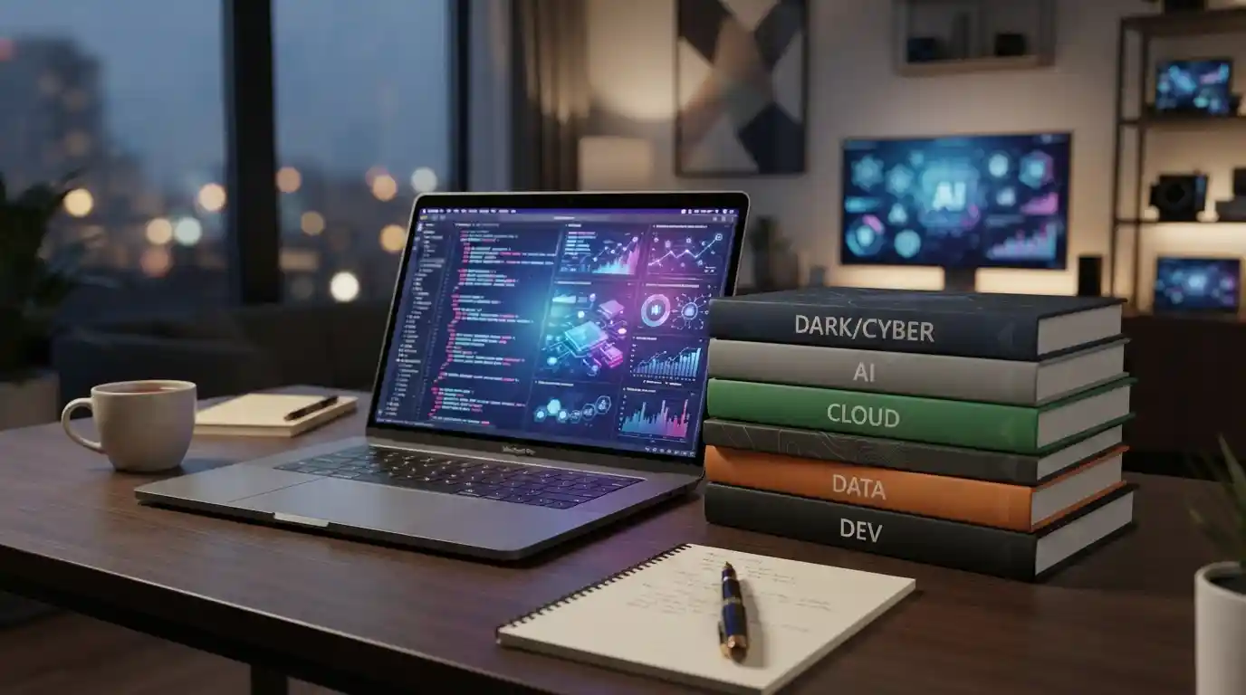 A modern technology workspace with IT books, a laptop, and digital learning materials