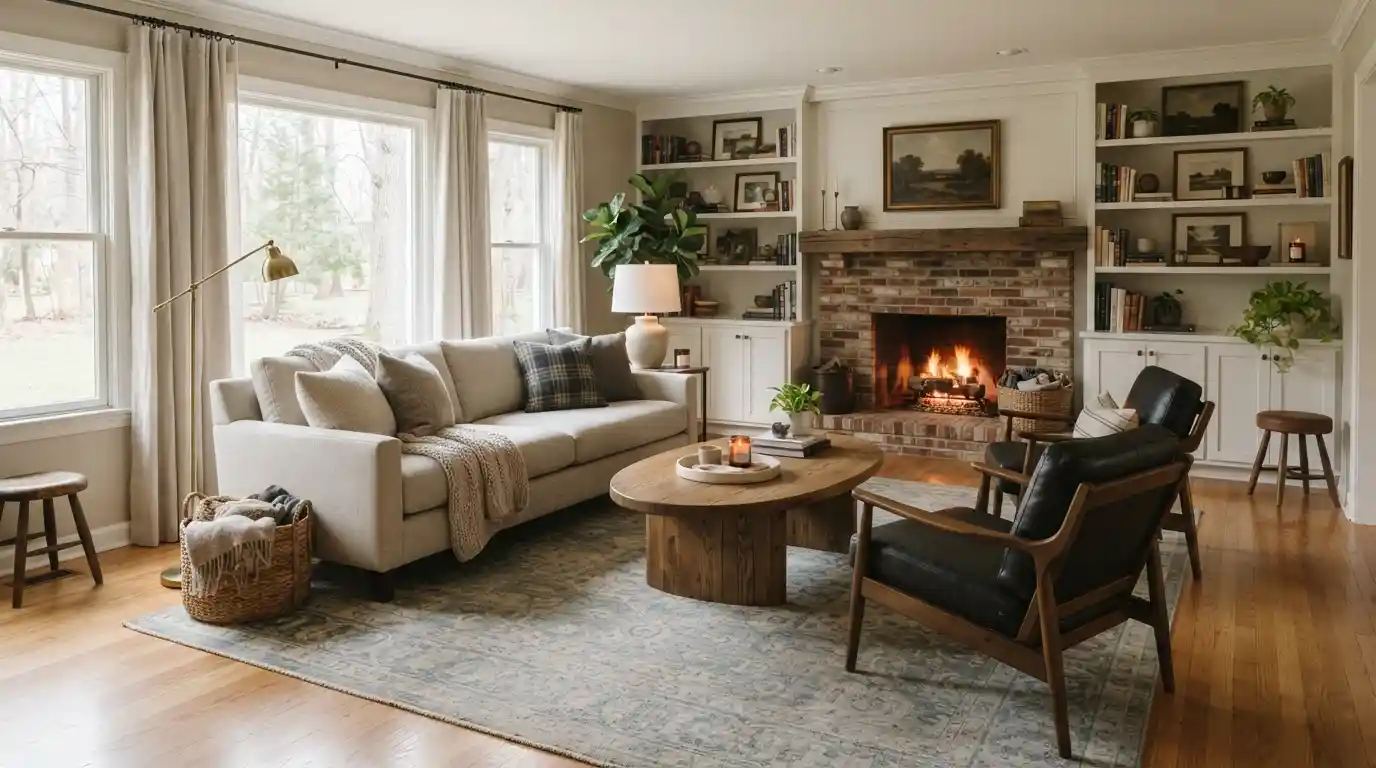 Elegant living room furnished with comfortable timeless furniture and warm neutral décor