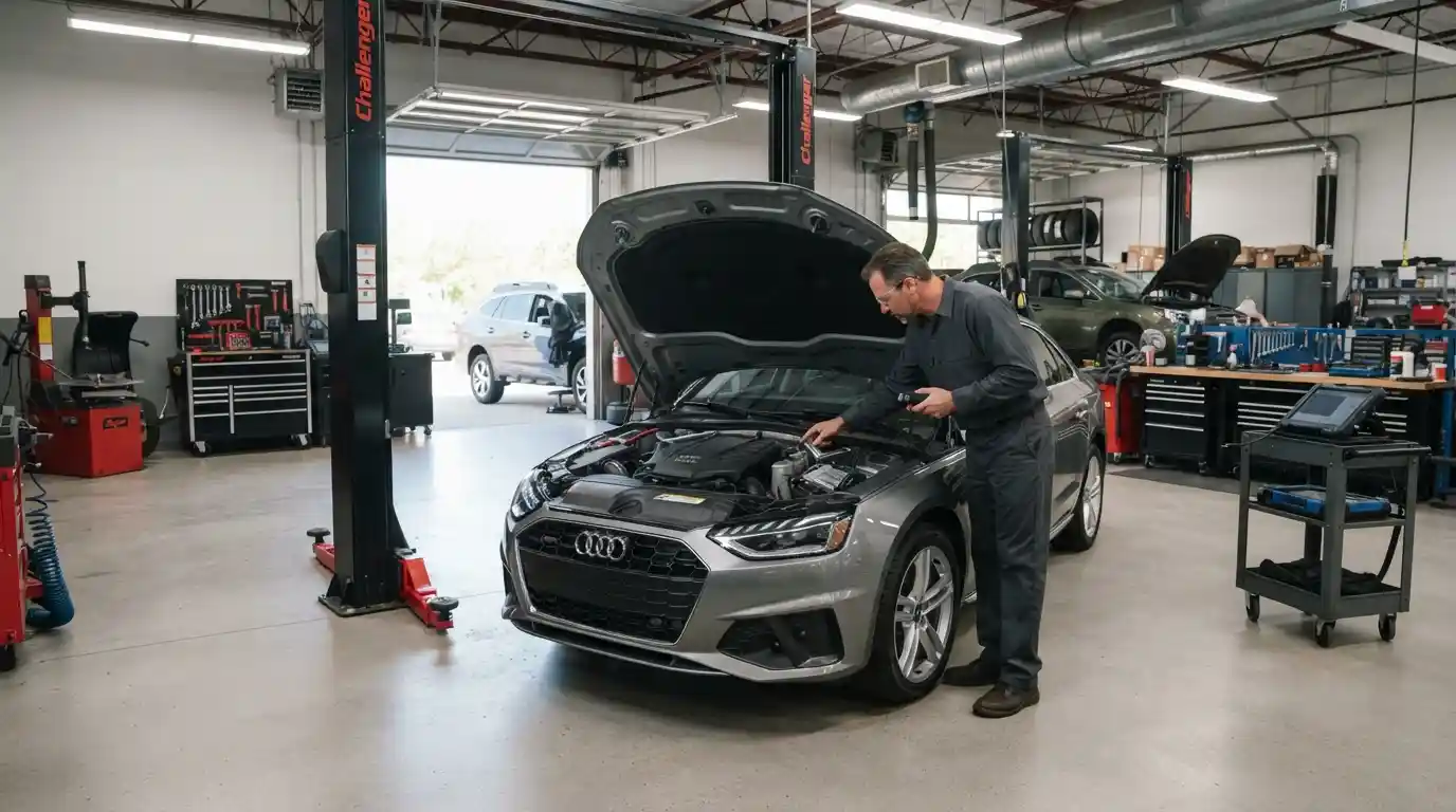 Automotive technician inspecting a vehicle inside a professional auto repair garage