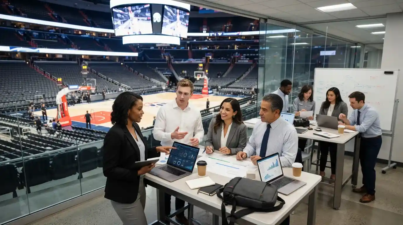 Professionals discussing career opportunities inside a modern sports and entertainment arena