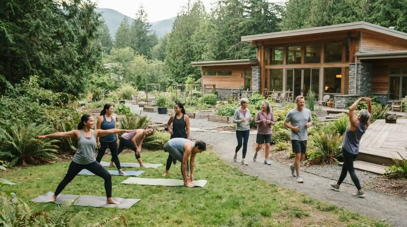 Adults participating in a community wellness and fitness activity in a natural setting