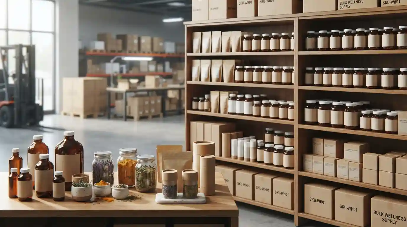 Premium wellness products arranged in an organized wholesale setting