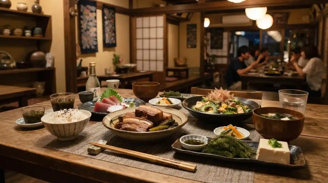 Okinawan-inspired Japanese dishes arranged on a restaurant table in a warm dining setting