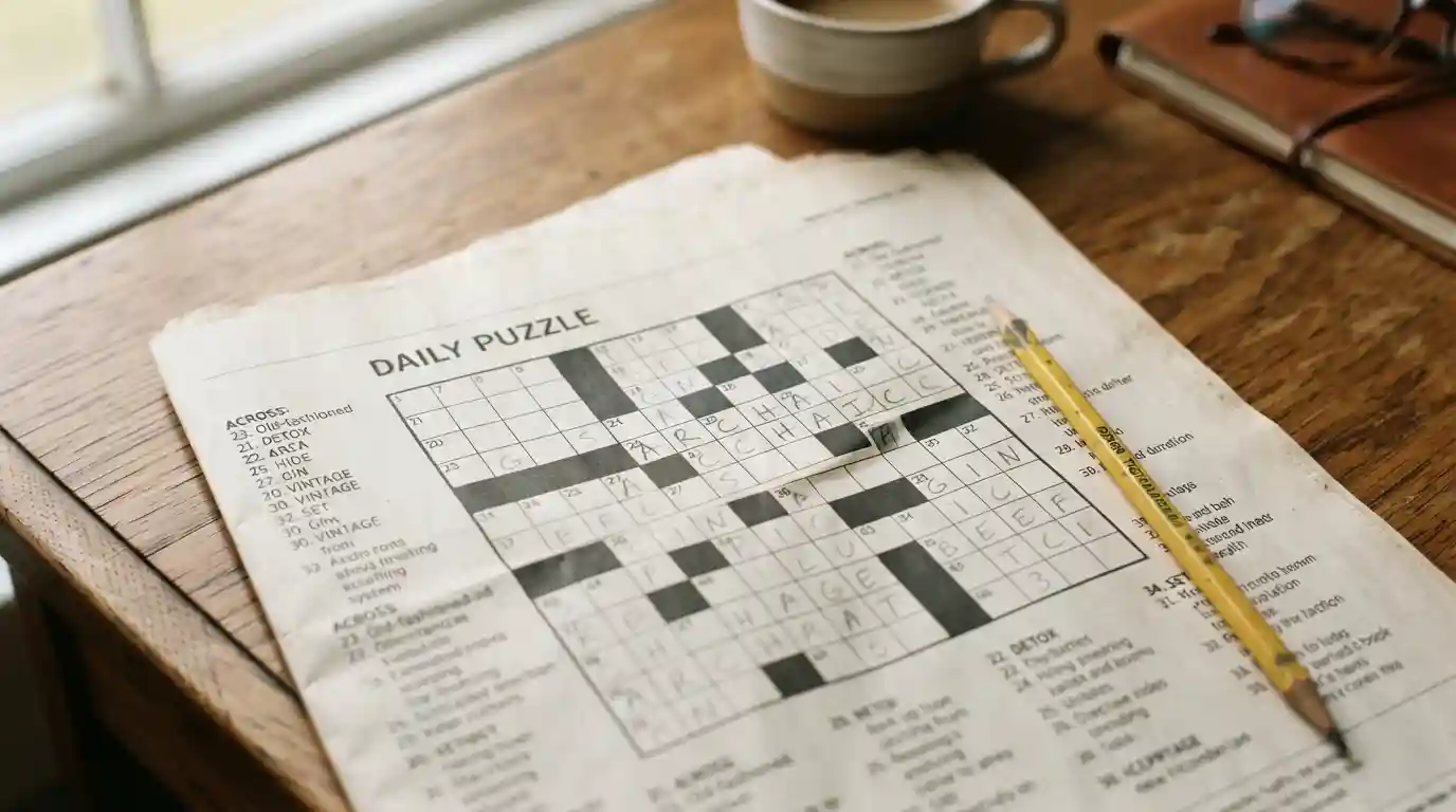 A crossword puzzle grid on a newspaper with a pencil beside partially completed answers