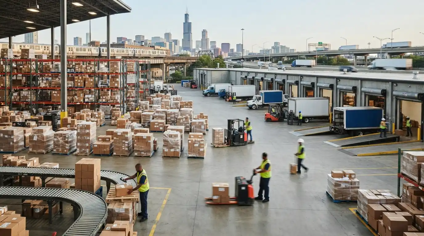 Chicago logistics facility with freight, warehouse operations, and transportation activity