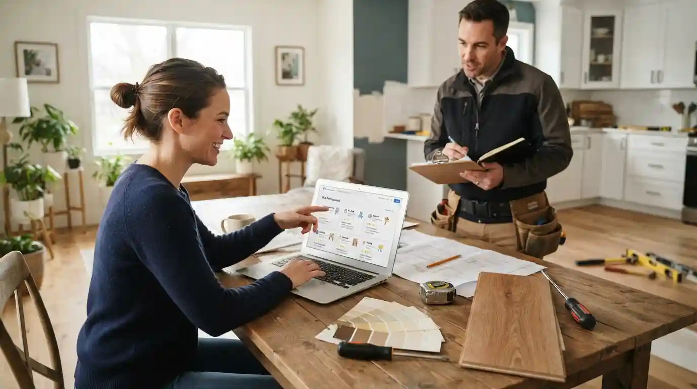 Homeowner using a laptop to research home improvement services while a contractor reviews project details nearby