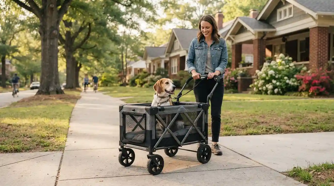 Dog riding safely in a pet wagon on a Durham, North Carolina walking path