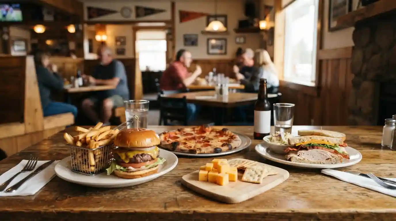 Casual Michigan restaurant meal featuring pizza, burger, fries, sandwich, and local-style cheese